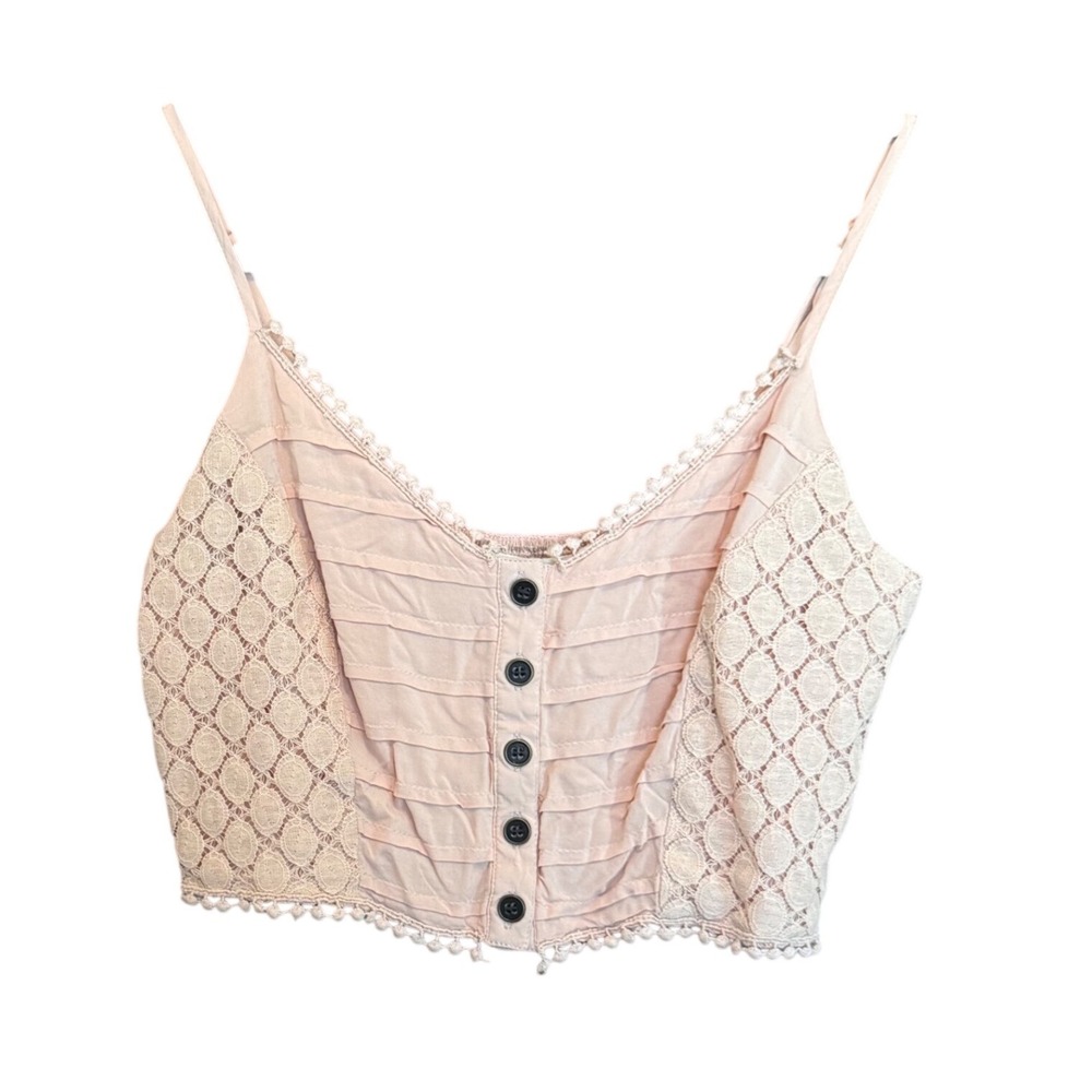 Pink Crochet Lace Smocked Button Up Crop Top Boho Festival L Coquette Fairy Fem - Picture 9 of 11